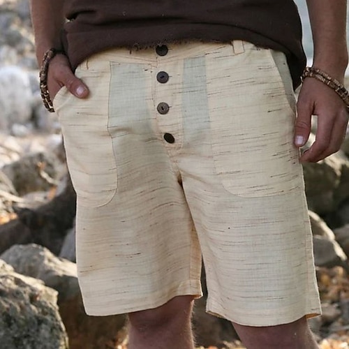 

Homens Calção Shorts de linho Shorts de verão Botão Bolsos Tecido Conforto Respirável Ao ar livre Diário Para Noite Misto de Algodão e Linho Moda Casual Bege