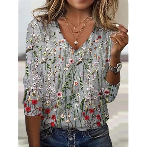 

Mulheres Camiseta Cinzento Floral Imprimir Manga Longa Feriado Final de semana Básico Decote V Padrão Tema Flores Pintura S