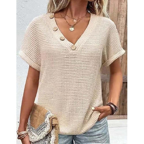 

T shirt Tee Chemisier Femme Beige Plein Bouton Manche Courte Casual basique Col V Normal Standard S