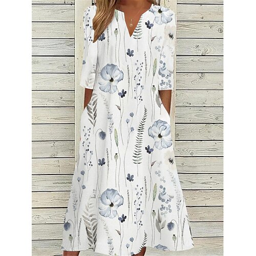 

Women's Casual Dress Summer Dress Print Dress Floral Pocket Print V Neck Midi Dress Active Fashion Outdoor Daily 3/4 Length Sleeve Loose Fit White Blue Purple Summer Spring S M L XL XXL