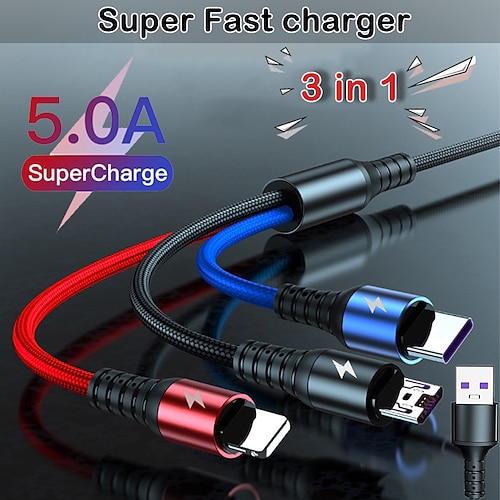 

Cabo USB C Cabo de relâmpago 66 W 3,9 pés USB A para USB C USB A para Lightning USB A para micro B 5 A Carga Rápida Trançado de Nylon 3 em 1 Para Macbook iPad Samsung Acessório para Celular