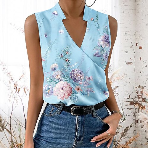 

Women's Tank Top Pink Blue Green Floral Print Sleeveless Casual Holiday Basic V Neck Regular Floral S