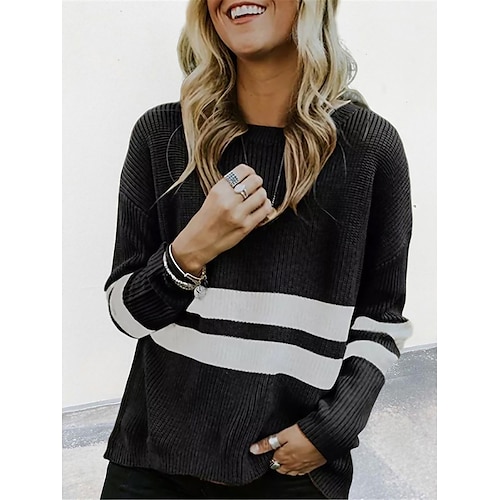 

Women's Pullover Sweater Jumper Jumper Ribbed Knit Patchwork Striped Crew Neck Stylish Casual Daily Going out Summer Spring Black White S M L