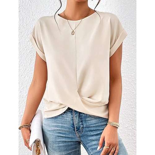 

T shirt Tee Femme Beige Plein Manche Courte du quotidien Fin de semaine basique Col Rond Normal Standard S