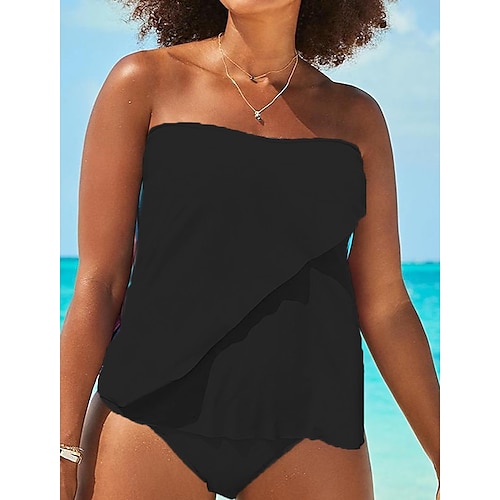 

Women's Swimwear Tankini 2 Piece Plus Size Swimsuit Backless 2 Piece Modest Swimwear for Big Busts Solid Color Pure Color Light Blue Black Red Navy Blue Blue Bandeau Strapless Bathing Suits New