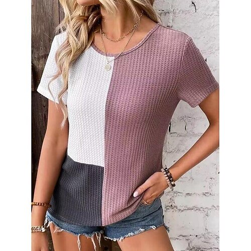 

Women's T shirt Tee Blouse Pink Color Block Print Short Sleeve Casual Basic Round Neck Regular S
