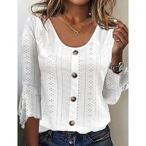 

Mulheres Camiseta Blusa Branco Azul Tecido Botão Manga 3/4 Casual Básico Decote Redondo Padrão S
