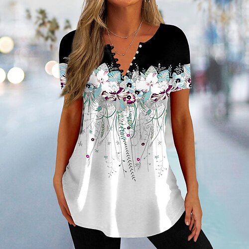 

Mujer Camiseta Blanco Amarillo Rosa Floral Botón Estampado Manga Corta Festivos Fin de semana Básico Escote en Pico Regular Flor Pintura S