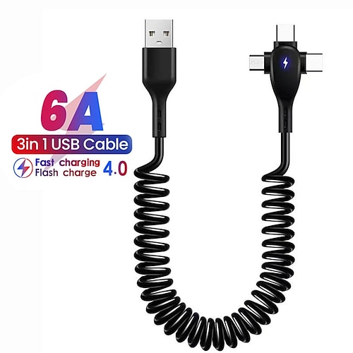 

Câble USB-C Câble Lightning 66W 6 pieds USB A vers USB C USB A vers Lightning USB A vers micro B 6 A Charge Rapide 3 en 1 Rétractable Pour Macbook iPad Samsung Accessoire de Téléphone