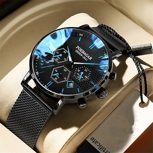 

POEDAGAR Men Watch Sport Chronograph Waterproof Luminous Date Wristwatch Fashion Ultra Thin Mesh Belt Men's Watches