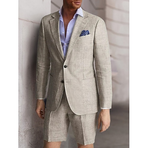 

Gray Men's Linen Suits 2 Piece Solid Colored Tailored Fit Single Breasted Two-buttons 2023