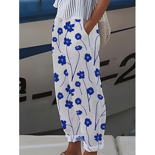 

Mulheres Calças de linho Linho Artificial Verde Claro Azul cáqui Designer Casual Diário Roupa Diária Longas Respirabilidade Floral S M L XL 2XL