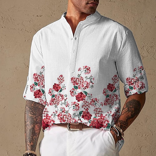 

Homens Camisa Social camisa de linho Floral Estampas Abstratas Colarinho Chinês Amarelo Vermelho Ao ar livre Rua Manga Longa Imprimir Roupa Linho Moda Roupa de rua Designer Casual