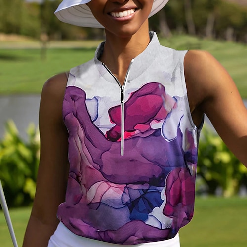 

Mulheres Camisa polo de caminhada Camisa de golfe Respirável Secagem Rápida Pavio Humido Sem Manga Vestuário de golfe Roupas de golfe Normal Zíper Colarinho Alto Estampado Verão Tênis Golfe Pickleball
