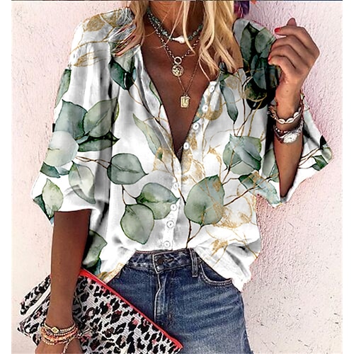 

Women's Shirt Blouse White Yellow Green Floral Button Print Long Sleeve Casual Holiday Basic Standing Collar Regular Floral S