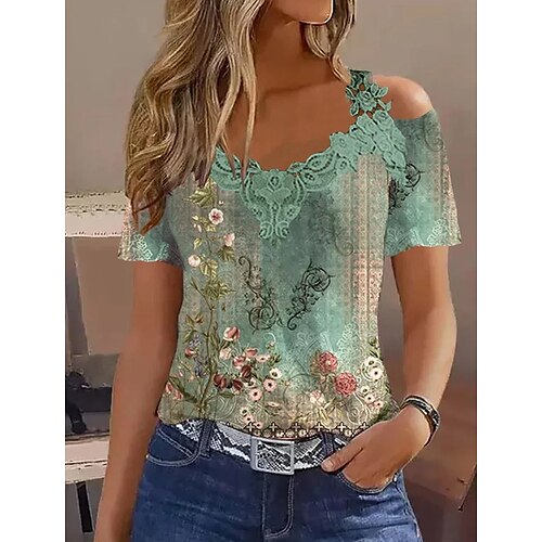 

T shirt Tee Chemisier Femme Vert Floral Dentelle Découpé Manche Courte Casual Vacances basique Col V Normal Standard Fleur S