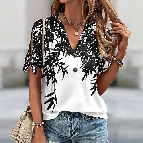 

Women's T shirt Tee Black Yellow Pink Leaf Button Cut Out Short Sleeve Daily Weekend Basic V Neck Regular Floral Painting S