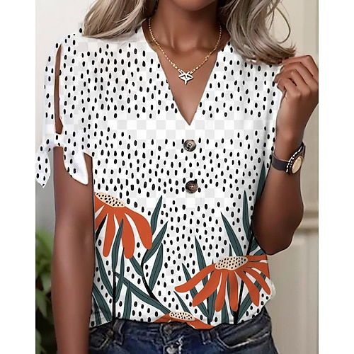 

T shirt Tee Chemisier Femme Blanche Floral Pois Bouton Découpé Manche Courte Casual Vacances basique Col V Normal Standard Fleur S