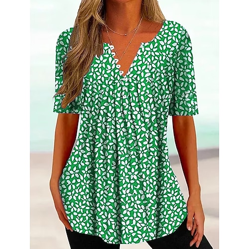 

Mujer Camiseta Blusa Azul Piscina Morado Verde Trébol Floral Botón Estampado Manga Corta Casual Festivos Básico Escote Redondo Regular Flor S