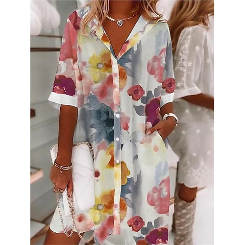 

Women's Shirt Dress Casual Dress Shift Dress Mini Dress Outdoor Daily Vacation Polyester Fashion Modern Shirt Collar Button Pocket Half Sleeve Summer Spring 2023 Loose Fit Yellow Flower S M L XL XXL