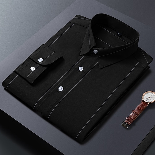 

Men's Dress Shirt Black White Long Sleeve Stripes Classic Collar All Seasons Casual Formal Evening Clothing Apparel Buckle