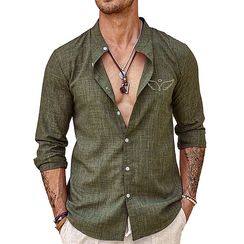 

Men's Shirt Linen Shirt Wings Graphic Prints Stand Collar Blue Brown Green Gray Outdoor Street Long Sleeve Print Clothing Apparel Linen Fashion Streetwear Designer Casual