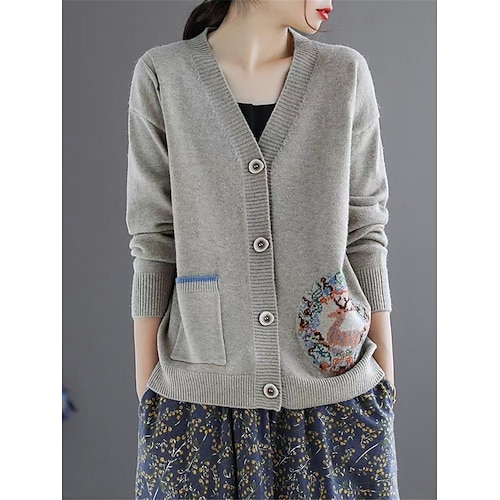 

Mulheres Sueter Cardigan Saltador Estriado Tricotar Botão Bolsos Floral Decote V à moda Casual Diário Para Noite Verão Primavera Preto Amarelo Tamanho Único