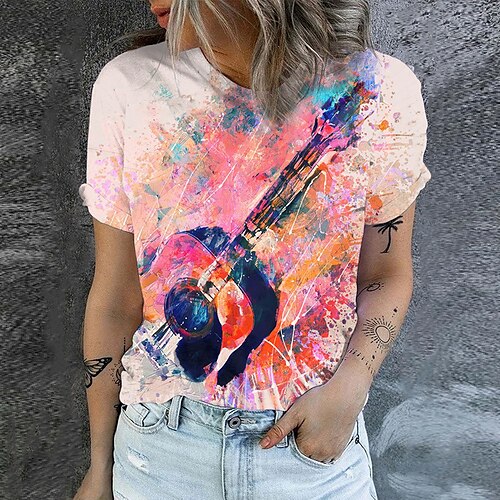 

Mulheres Camiseta Rosa Vermelho Música Imprimir Manga Curta Diário Final de semana Básico Decote Redondo Padrão Pintura S