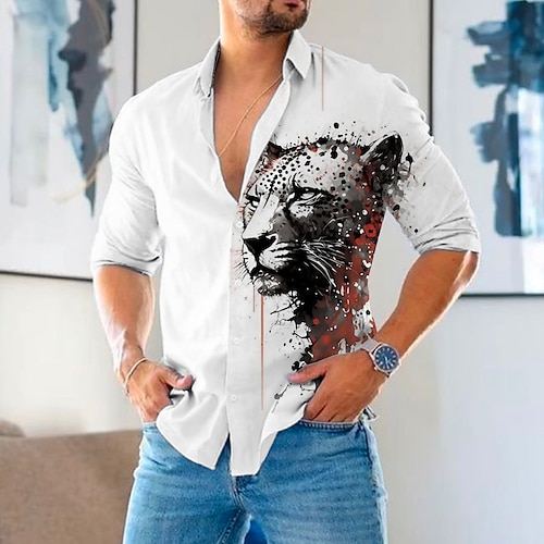 

Homens Camisa Social camisa de linho Animal Leopardo Estampas Abstratas Aberto para a Lateral Vermelho Azul Ao ar livre Rua Manga Longa Imprimir Roupa Linho Moda Roupa de rua Designer Casual