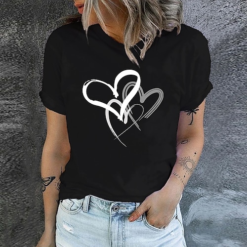 

T shirt Tee Femme Noir Blanche Vert Cœur Imprimer Manche Courte Valentin Fin de semaine basique Col Rond Normal Coton Standard Peinture S