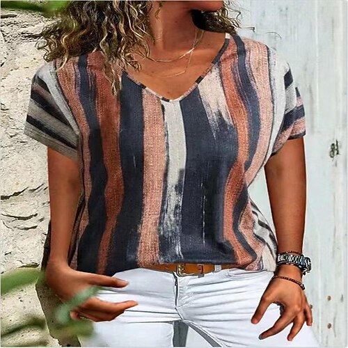 

T shirt Tee Femme Noir Jaune Rouge Rayé Imprimer Manche Courte du quotidien Fin de semaine basique Col V Normal Standard Peinture S