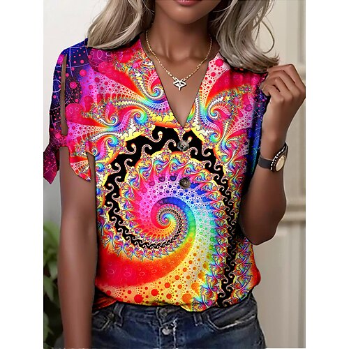 

Mulheres Camiseta Blusa Rosa Vermelho Azul Gráfico Botão Com Corte Manga Curta Casual Básico Decote V Padrão S