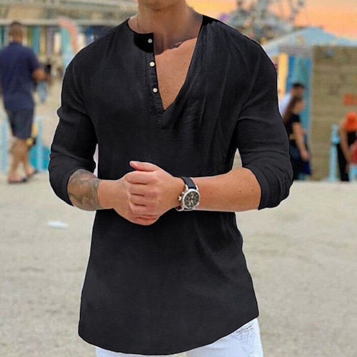 

Homme Chemise Lin Chemise Chemisette Chemise d'été Chemise de plage Noir Blanche Bleu manche longue Couleur unie Col Eté Printemps Extérieur Plein Air Vêtement Tenue Bouton bas