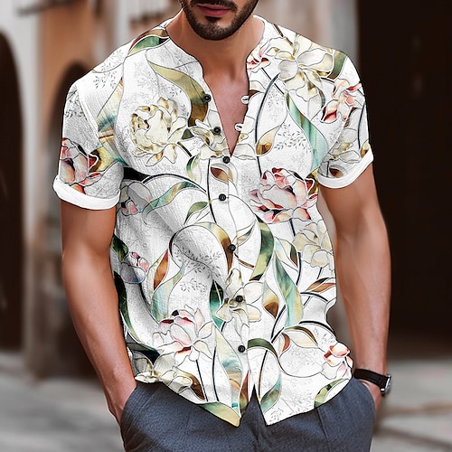 

Homme Chemise Chemise Lin Imprimés Photos Feuilles Mao Jaune Violet Vert Gris Extérieur Plein Air Manche Courte Imprimer Vêtement Tenue Lin Mode Vêtement de rue Design Décontractées