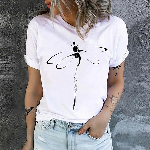 

Mulheres Camiseta Preto Branco Rosa Animal Imprimir Manga Curta Diário Final de semana Básico Decote Redondo Padrão Algodão Pintura S