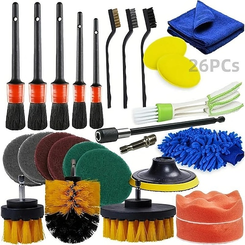 

26Pcs Car Detailing Brush Set, Car Detailing Kit, Car Drill Brush/Wheel Brushes/Air Vent Brush/Buffing Sponge Pads Kit/Washing Mitt/Cleaning Cloth