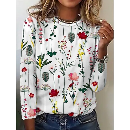 

Mulheres Camiseta Preto Branco Floral Imprimir Manga Longa Feriado Final de semana Básico Decote Redondo Padrão Tema Flores Pintura S