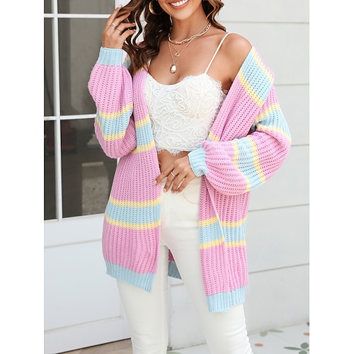 

Mulheres Sueter Cardigan Saltador Estriado Tricotar Patchwork Listrado Abertura Frontal à moda Casual Diário Para Noite Verão Primavera Rosa Roxo S M L