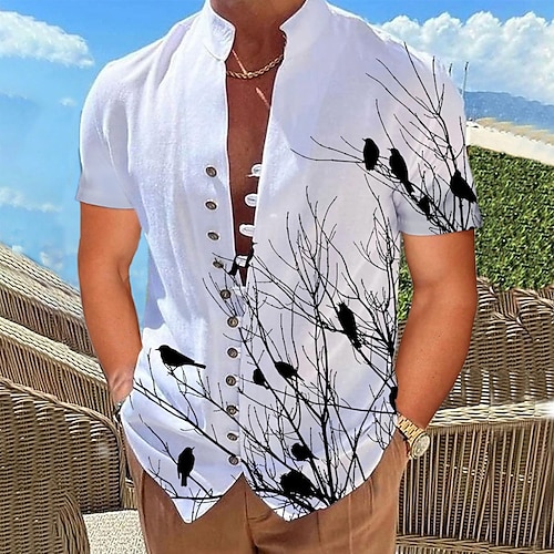 

Hombre Camisa camisa de lino Pájaro Estampados Escote Chino Blanco Azul Piscina Exterior Calle Manga Larga Estampado Ropa Lino Moda Ropa de calle Design Casual