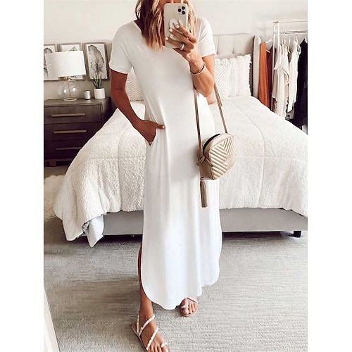 

Women's Casual Dress Shift Dress Summer Dress Long Dress Maxi Dress Pocket Split Daily Date Going out Fashion Basic Crew Neck Short Sleeve 2023 Regular Fit Black White Pink Color S M L XL XXL Size