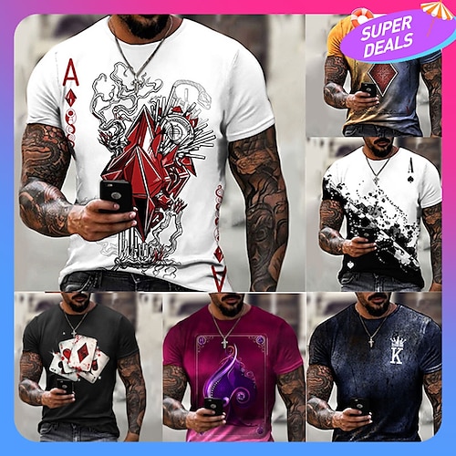 

Men's T Shirt Patterned Poker Round Neck Short Sleeve Gray Purple Yellow Party Daily Print Tops Casual Graphic Tees