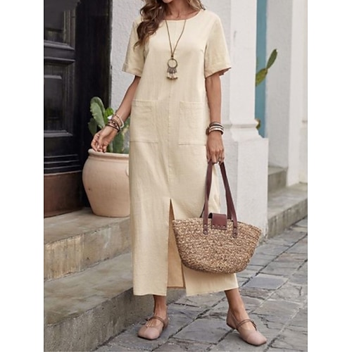 

Mulheres Vestido casual Vestido de linho de algodão Vestido de turno Vestido midi Misto de Algodão Moda Clássico Ao ar livre Diário Férias Gola Redonda Bolsos Fenda Manga Curta Verão Primavera 2023