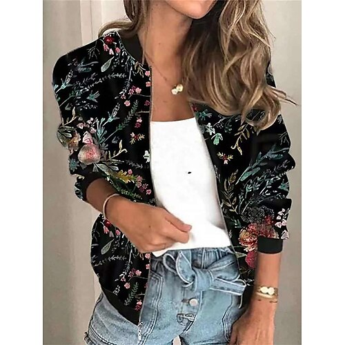 

Femme Bomber Veste décontractée Extérieur Zippé Fleur Respirable Vêtement de rue Standard Vêtements d'extérieur manche longue Eté Noir S