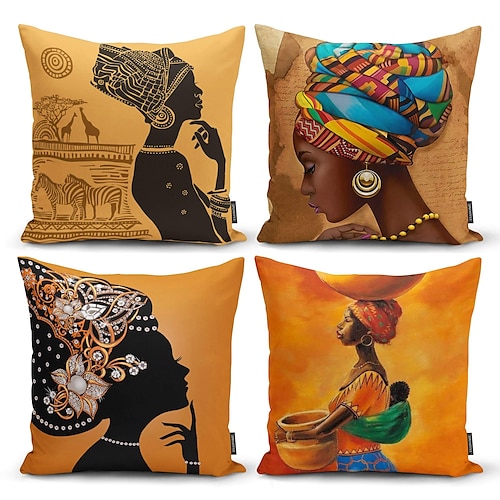 

Afrikanische Frauen, doppelseitiger Kissenbezug, 4 Stück, weich, dekorativ, quadratischer Kissenbezug, Kissenbezug für Schlafzimmer, Wohnzimmer, Sofa, Couch, Stuhl, Afro-Kunst