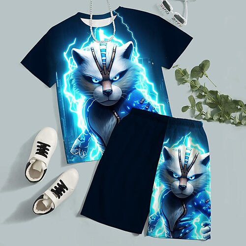 

2 Peças Infantil Para Meninos T-shirt Shorts Conjuntodet-shirts Conjunto Equipamento Gráfico Desenho Animado Tigre Manga Curta Crewneck Definir Ao ar livre Impressões 3D Ativo Esportes Moda Verão