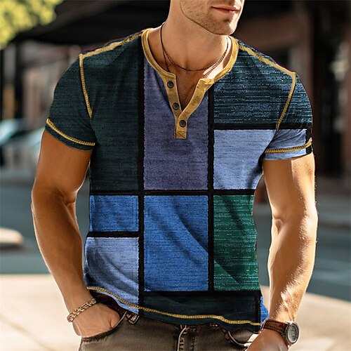 Checkered T-Shirt Mens Graphic Henley Color Block Clothing Apparel