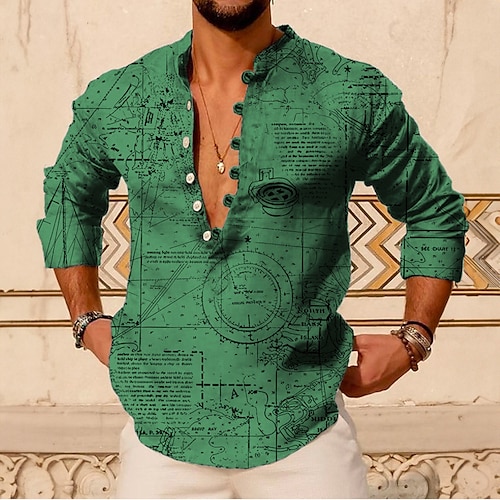 

Homens Camisa Social camisa de linho Estampas Abstratas Vintage Máquina Colarinho Chinês Rosa Verde Ao ar livre Rua Manga Longa Imprimir Roupa Linho Moda Roupa de rua Designer Casual