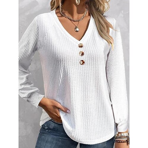 

Mulheres Camiseta Blusa Branco Tecido Botão Manga Longa Casual Básico Decote V Padrão S