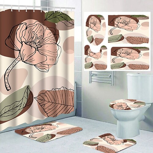 

Juego de cortinas de ducha de 4 piezas, juegos de baño, estilo de pintura nórdica hecha a mano, decoración moderna para el baño del hogar con alfombrilla de baño en forma de U y alfombrilla para la