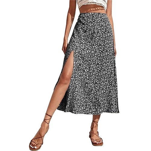 

Women's Skirt Midi Polyester Black Navy Blue Sky Blue Green Skirts Summer Split Ends Print Fashion Casual Street Daily S M L